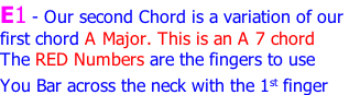 E1 - Our second Chord is a variation of our  first chord A Major. This is an A 7 chord  The RED Numbers are the fingers to use You Bar across the neck with the 1st finger